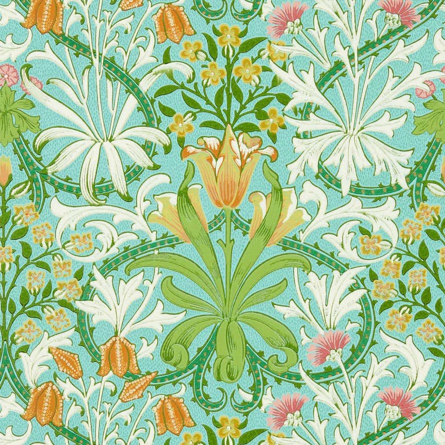 Englische Design Tapeten William Morris sehr schöne Luxus Papier Tapete grün türkis gelb weiss Blumen Blüten in Berlin kaufen