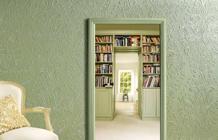 Lincrusta Tapete grün als Wandverkleidung im Altbau Wohnzimmer aus Berlin kaufen