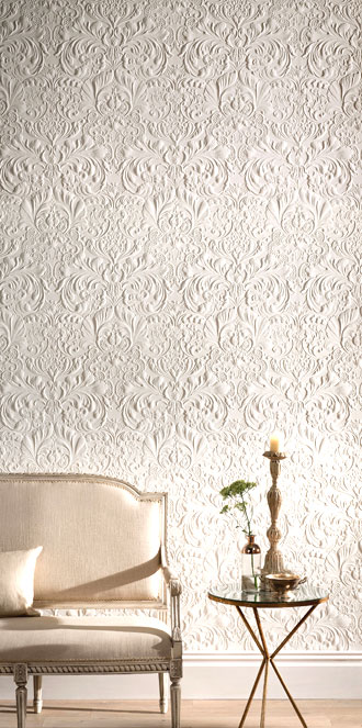 englische Lincrusta Tapete weiß als Wandverkleidung im Altbau Wohnzimmer aus Berlin kaufen