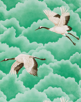 Design Tapete Wolken Himmel und Vögel grün weiß schwarz aus England Sanderson Harlequin Kollektion 2018 bis 2020 Paloma