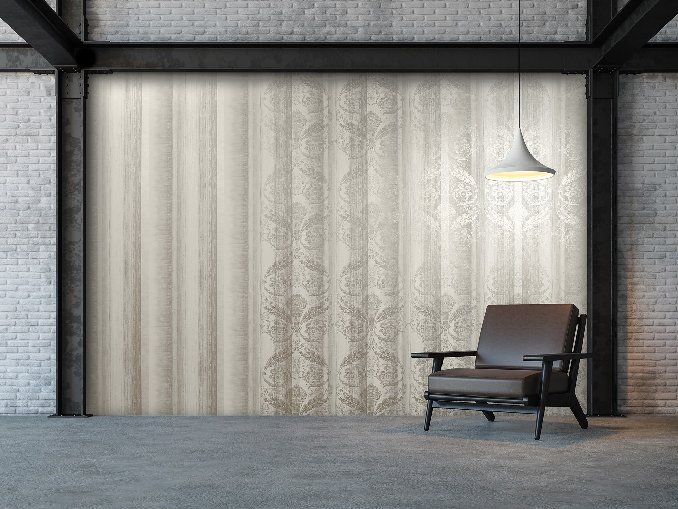 Wohnzimmer mit exklusiver Design Tapete weiss beige hell grau Streifen undd Ornamente aus Deutschland in Berlin tel. oder online kaufen