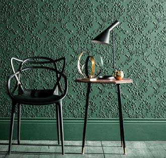 englische Lincrusta Tapete grün Muster Detail klassische florale Ornamente als Wandverkleidung